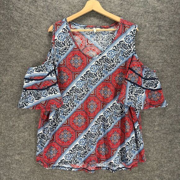 Cato Tops - Cato Blouse Women 26/28W Plus Blue Striped Cold Shoulder Short Sleeve V-Neck